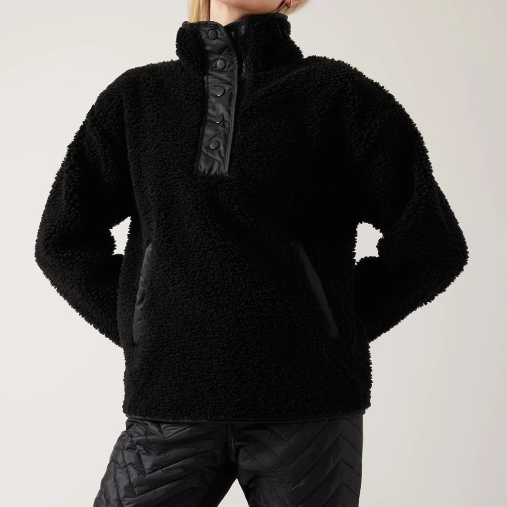 Athleta Sherpa Fleece Pullover — Black Quilted Half Snap Cozy Warm